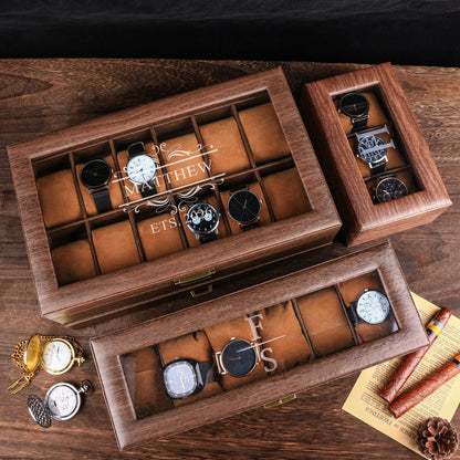 TWO Layers 6 12 Slot Personalized Men's Watch Box, Custom Engraved Watch Box, Watch Storage gift for Dad, Birthday Gift for Him