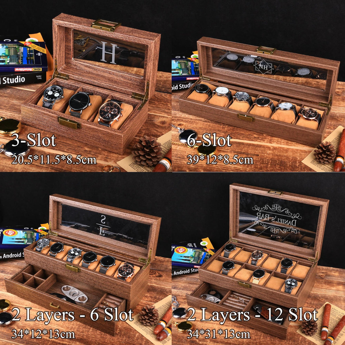 Personalized Engraved Watch Box, With Drawer Watch Display Case for 6 12 Watches, Valentines Day gift for Him, Gift for husband & boyfriend