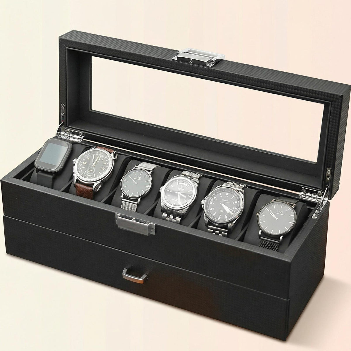 6-Slot Watch Box Organizer, Glass Lid Jewelry Storage Drawer