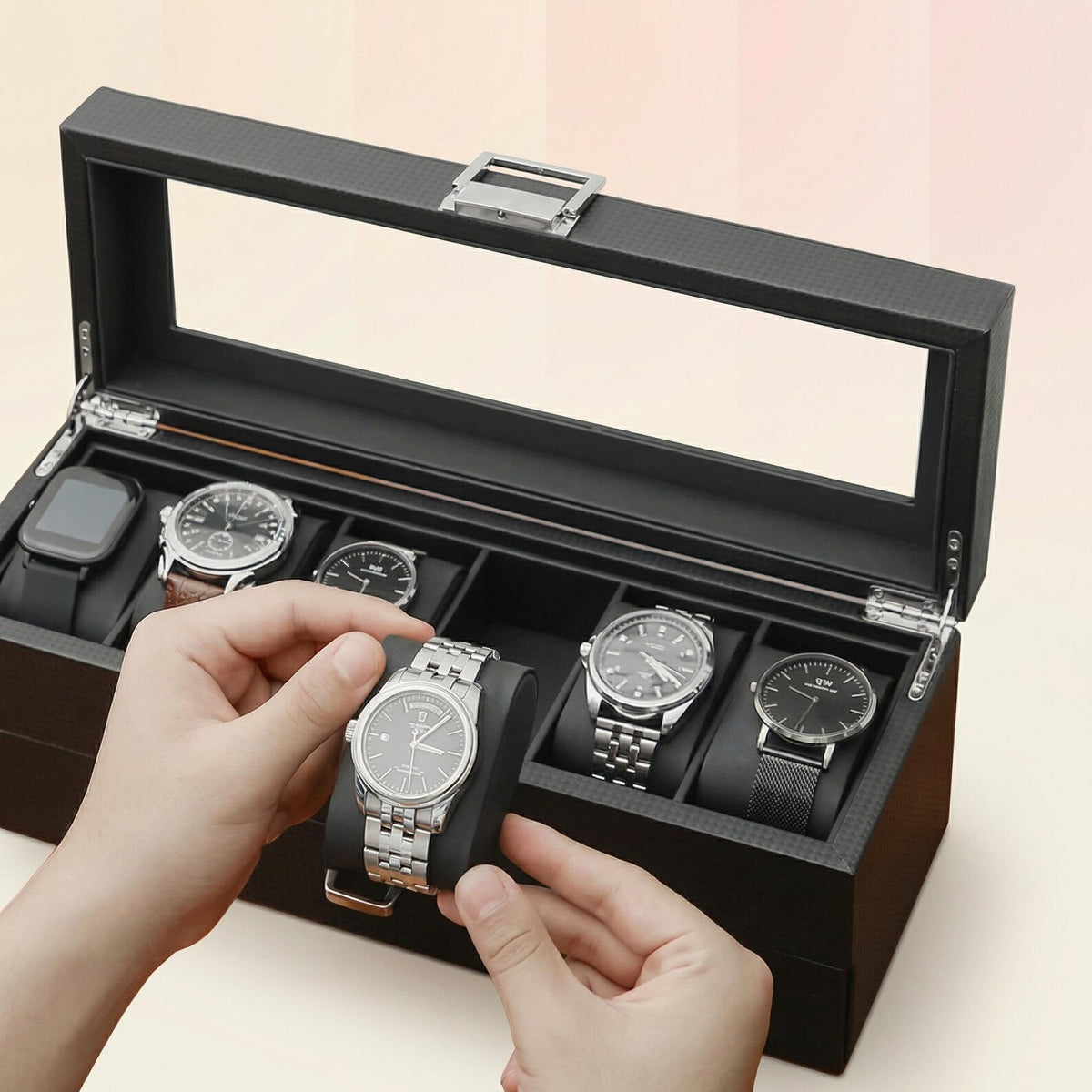 6-Slot Watch Box Organizer, Glass Lid Jewelry Storage Drawer