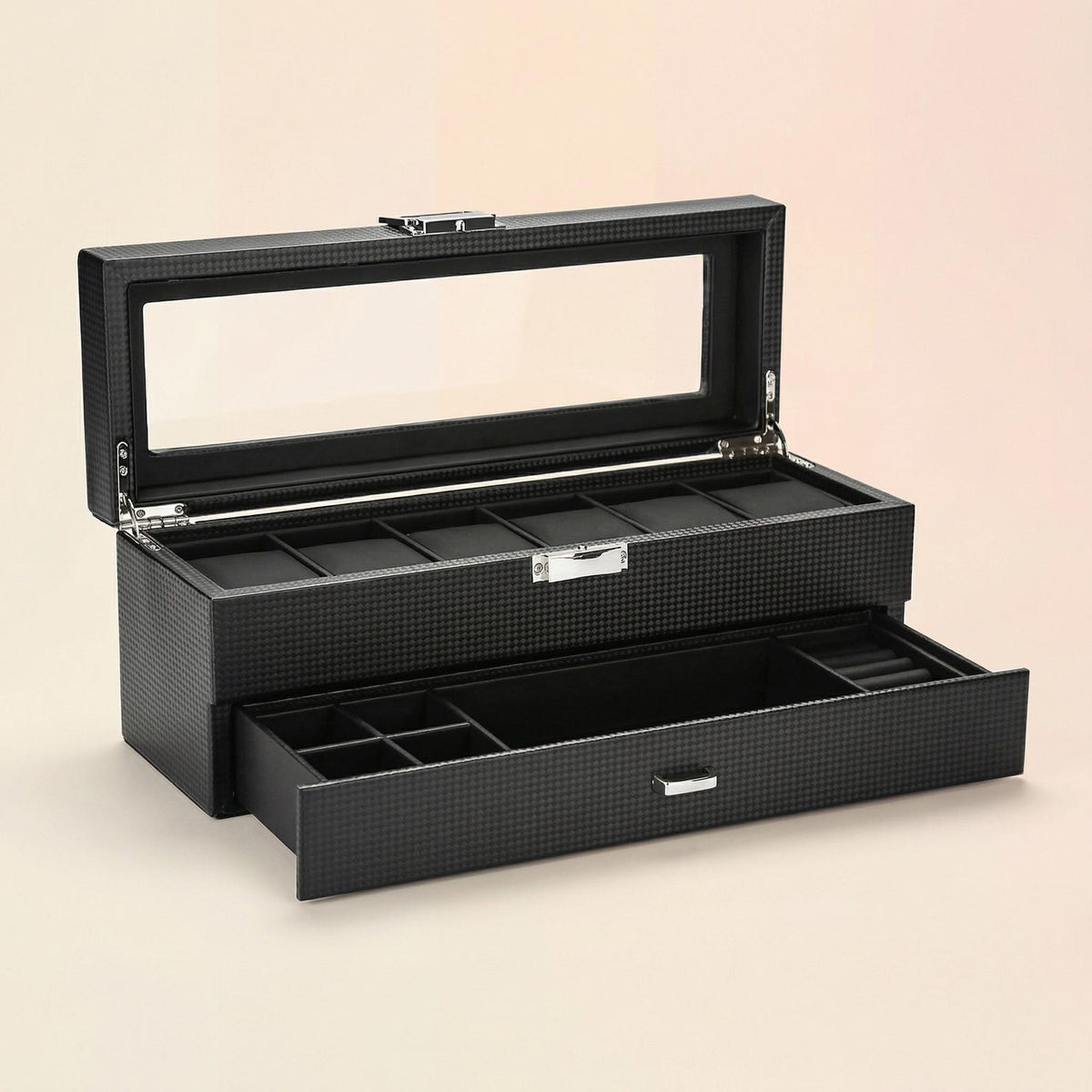6-Slot Watch Box Organizer, Glass Lid Jewelry Storage Drawer