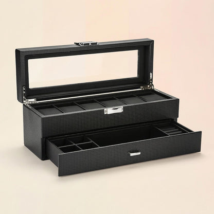 6-Slot Watch Box Organizer, Glass Lid Jewelry Storage Drawer
