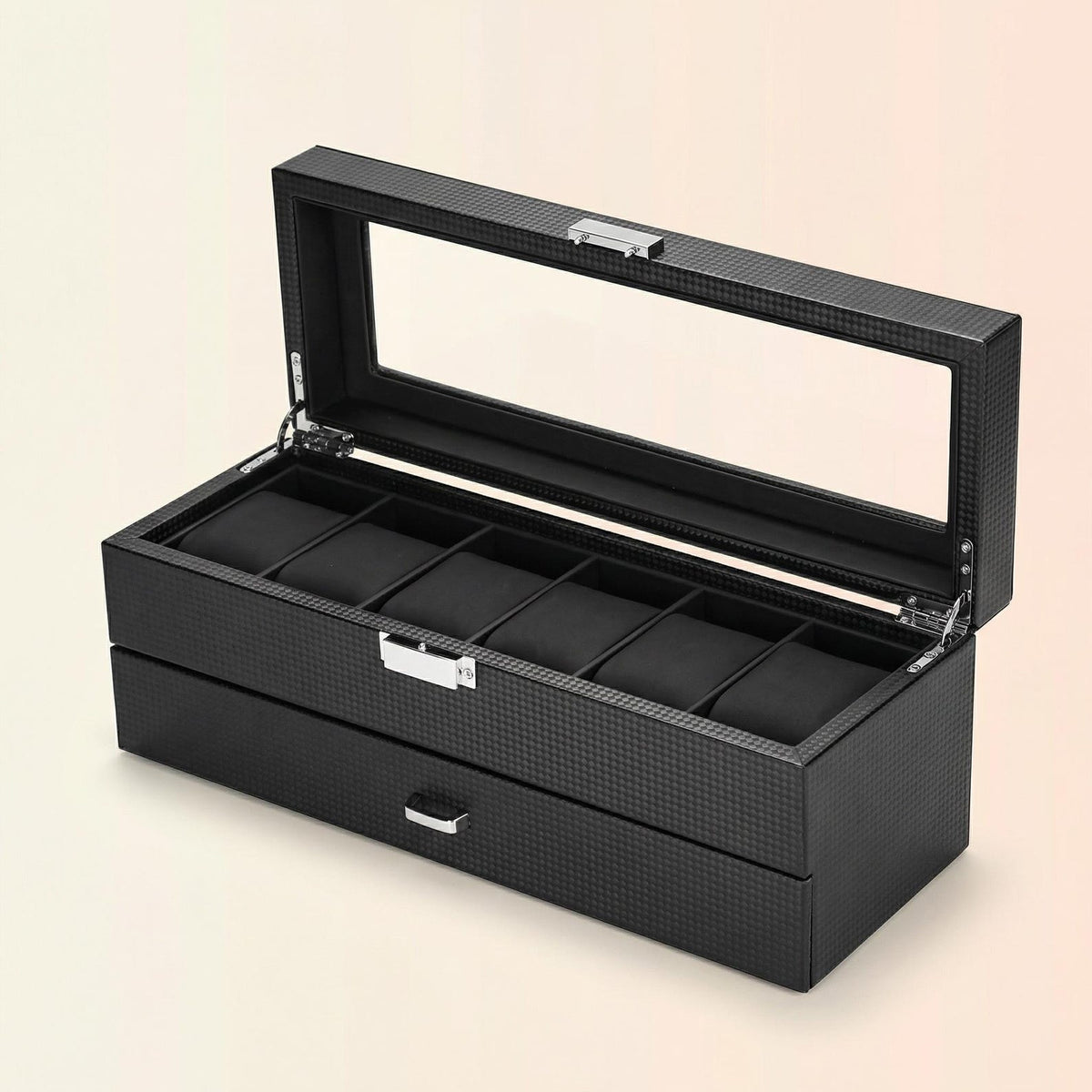 6-Slot Watch Box Organizer, Glass Lid Jewelry Storage Drawer