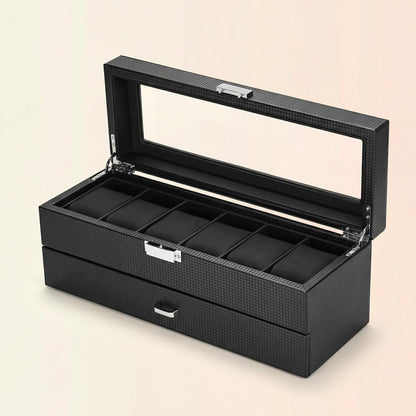6-Slot Watch Box Organizer, Glass Lid Jewelry Storage Drawer