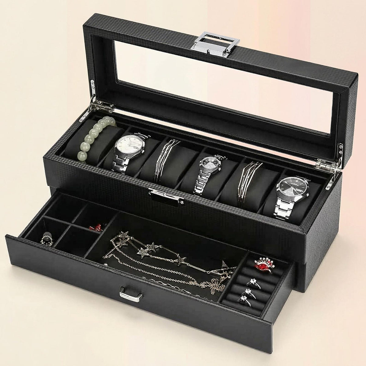 6-Slot Watch Box Organizer, Glass Lid Jewelry Storage Drawer
