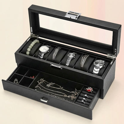 6-Slot Watch Box Organizer, Glass Lid Jewelry Storage Drawer