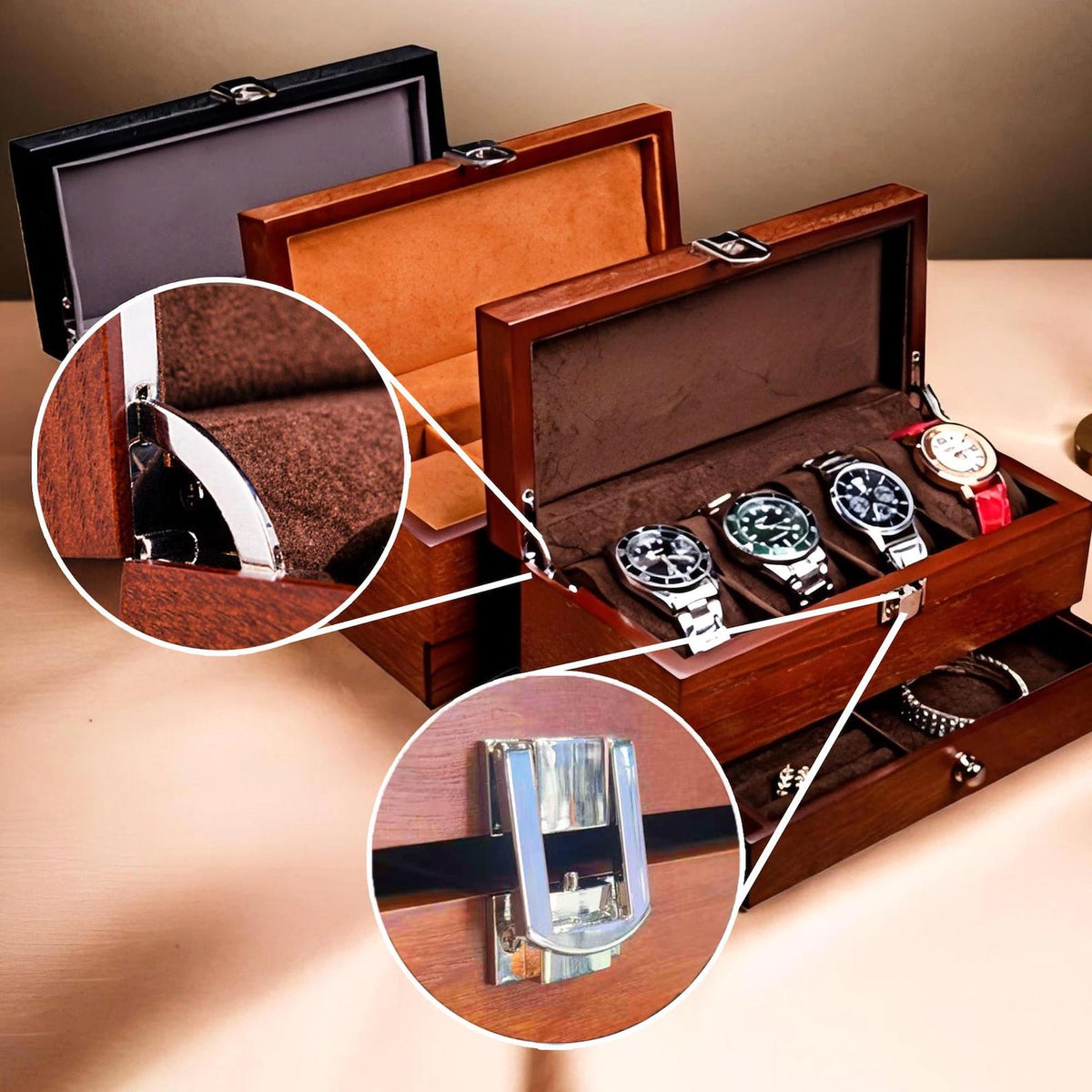 Personalized Watch Jewelry Box with Drawer, Gift for Dad, Engraved Wooden Watch Case, Watch Box for Men, Mens Gift, Anniversary Gift for Him