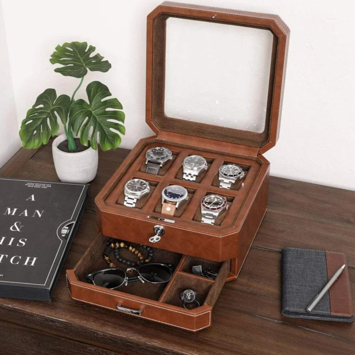6-Slot Watch Box Organizer, Glass Top, Valet Drawer