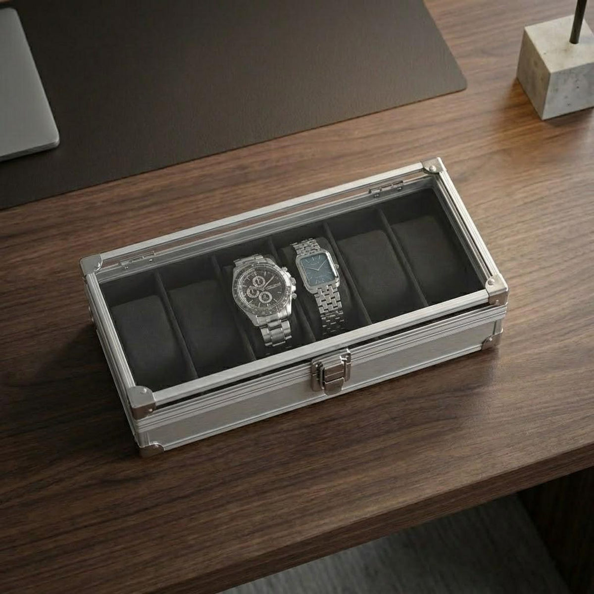 Aluminum Watch Box for Men, Metal Watch Case Organizer with 6 Slots Gift