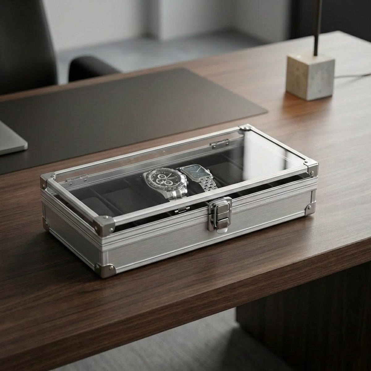 Aluminum Watch Box for Men, Metal Watch Case Organizer with 6 Slots Gift