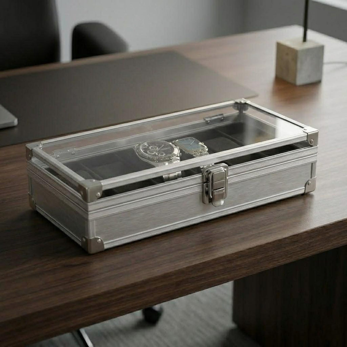 Aluminum Watch Box for Men, Metal Watch Case Organizer with 6 Slots Gift