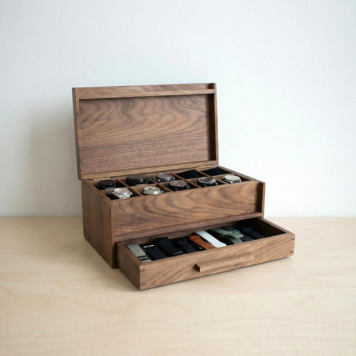 Watch Box with Drawer - Black Walnut Teak and Oak - 10 Watch Compartments - Personalized Gift