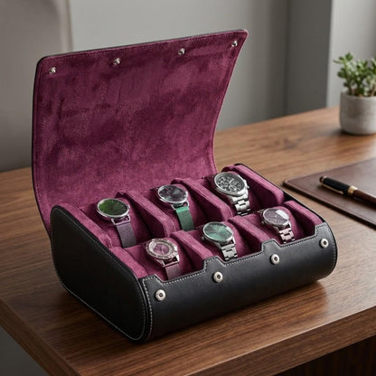 Leather Watch Travel Case for Men & Women – 6 Slot Watch Roll Organizer