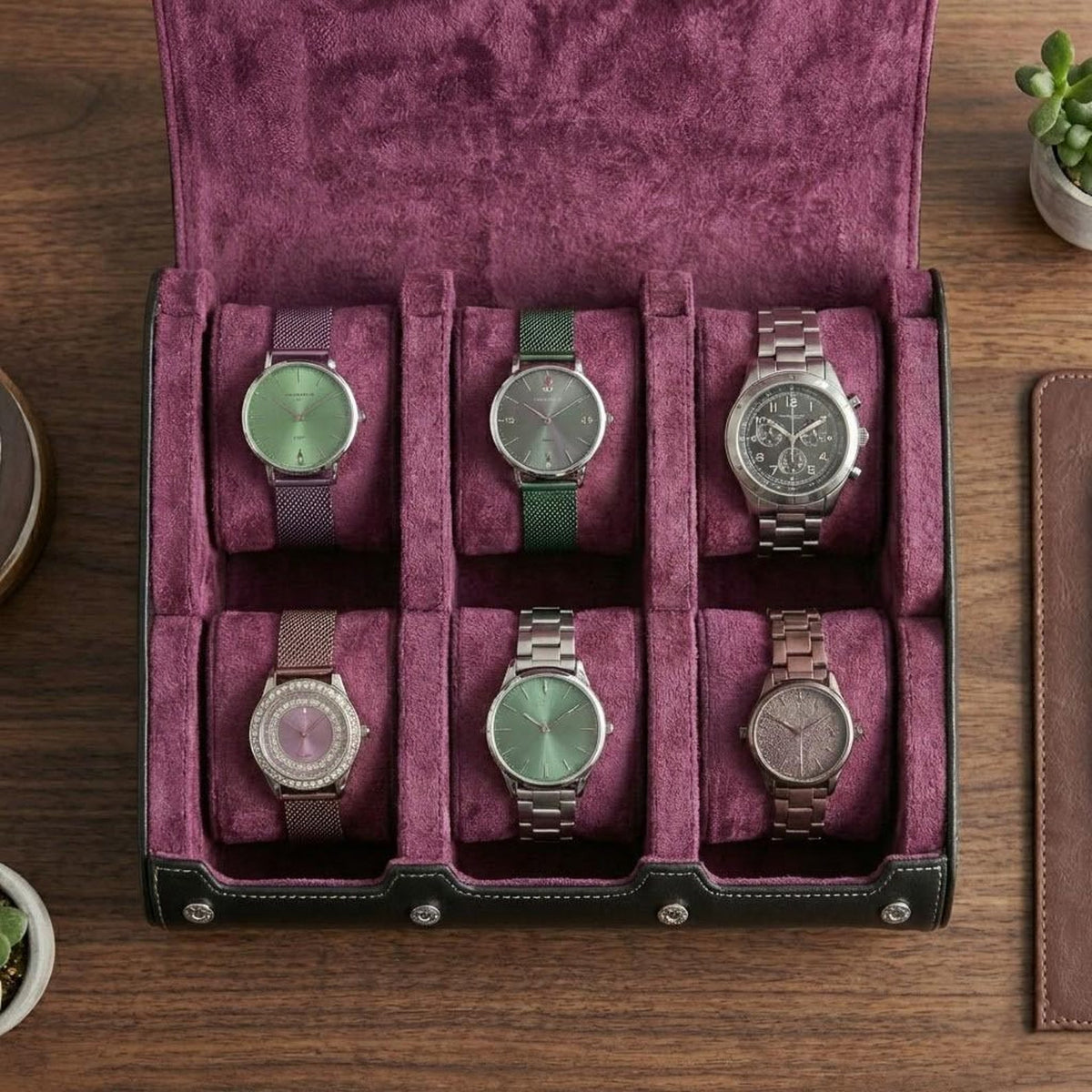 Leather Watch Travel Case for Men & Women – 6 Slot Watch Roll Organizer