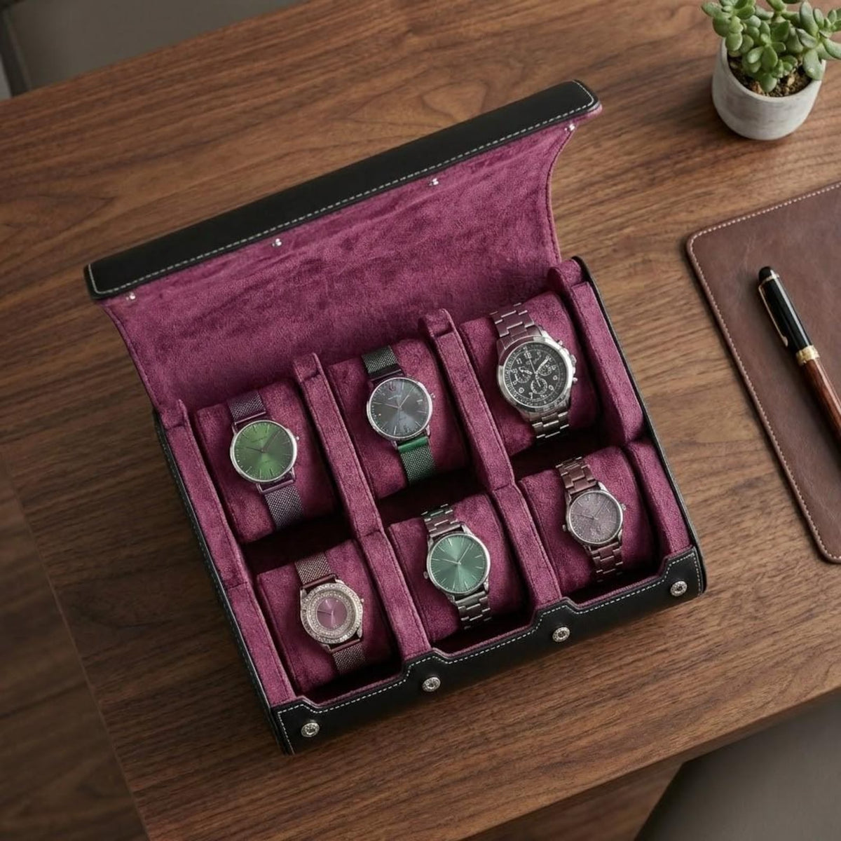 Leather Watch Travel Case for Men & Women – 6 Slot Watch Roll Organizer