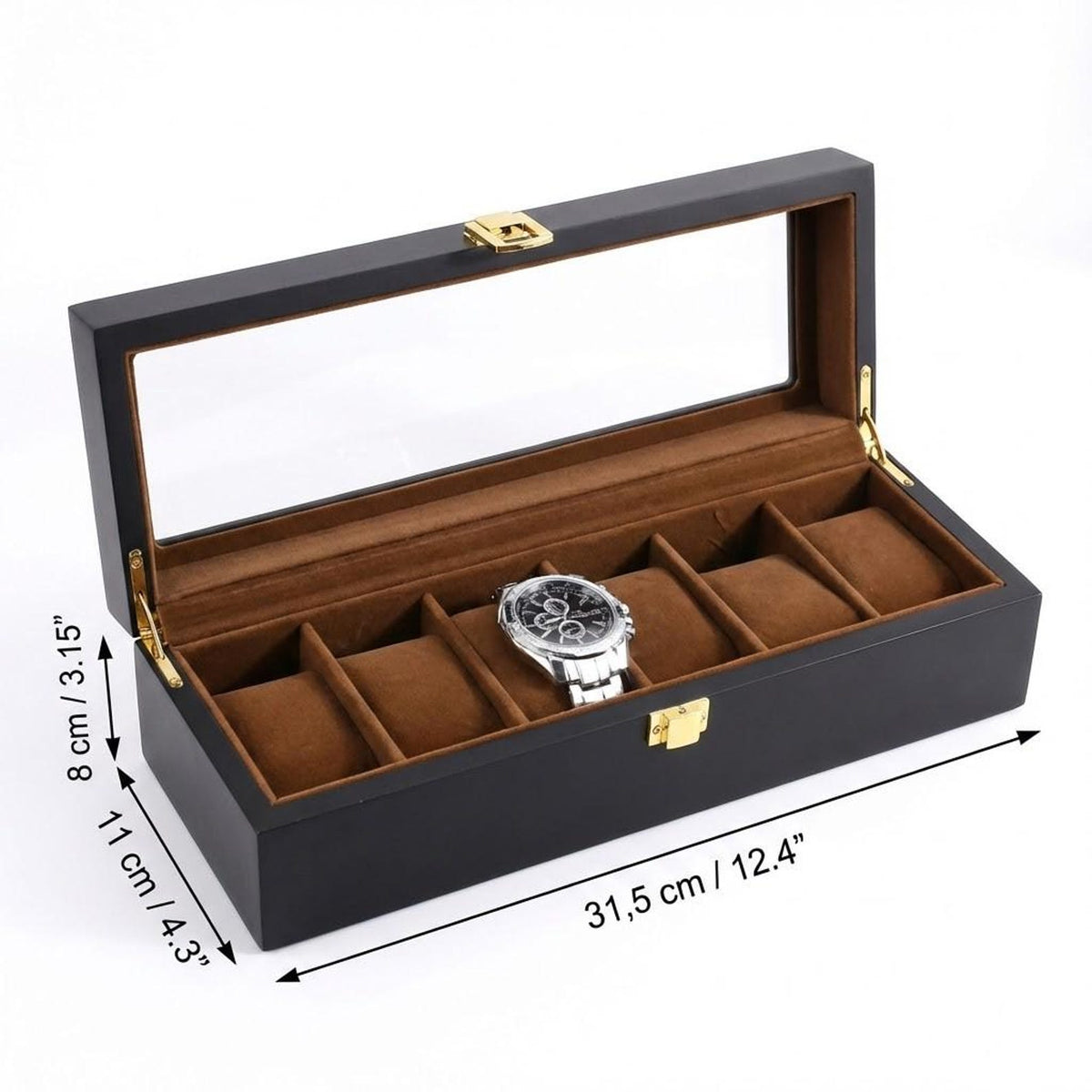 Luxury Wooden Watch Box 6 Slot with Glass Lid Organizer Gift