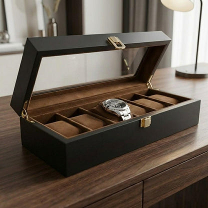 Luxury Wooden Watch Box 6 Slot with Glass Lid Organizer Gift