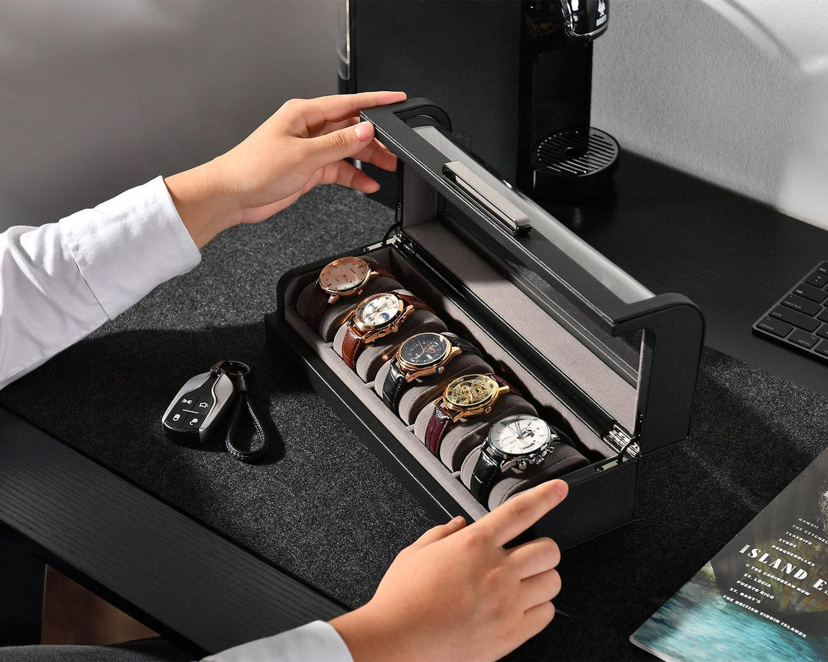 Personalized Box for 5 Watches Custom Engraved Watch Display Case Leather Watch Box for Men Customized Black Valentine or Wedding Gifts