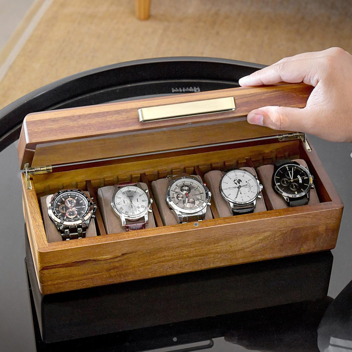 Engraved Wood Watch Box Personalized Men’s Valet Tray Acacia 5 Watch Organizer for Dad Birthday Idea Anniversary Gift for Him