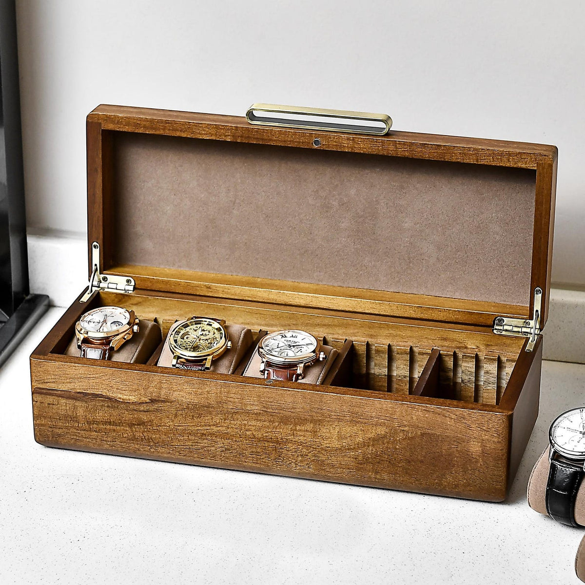 Engraved Wood Watch Box Personalized Men’s Valet Tray Acacia 5 Watch Organizer for Dad Birthday Idea Anniversary Gift for Him