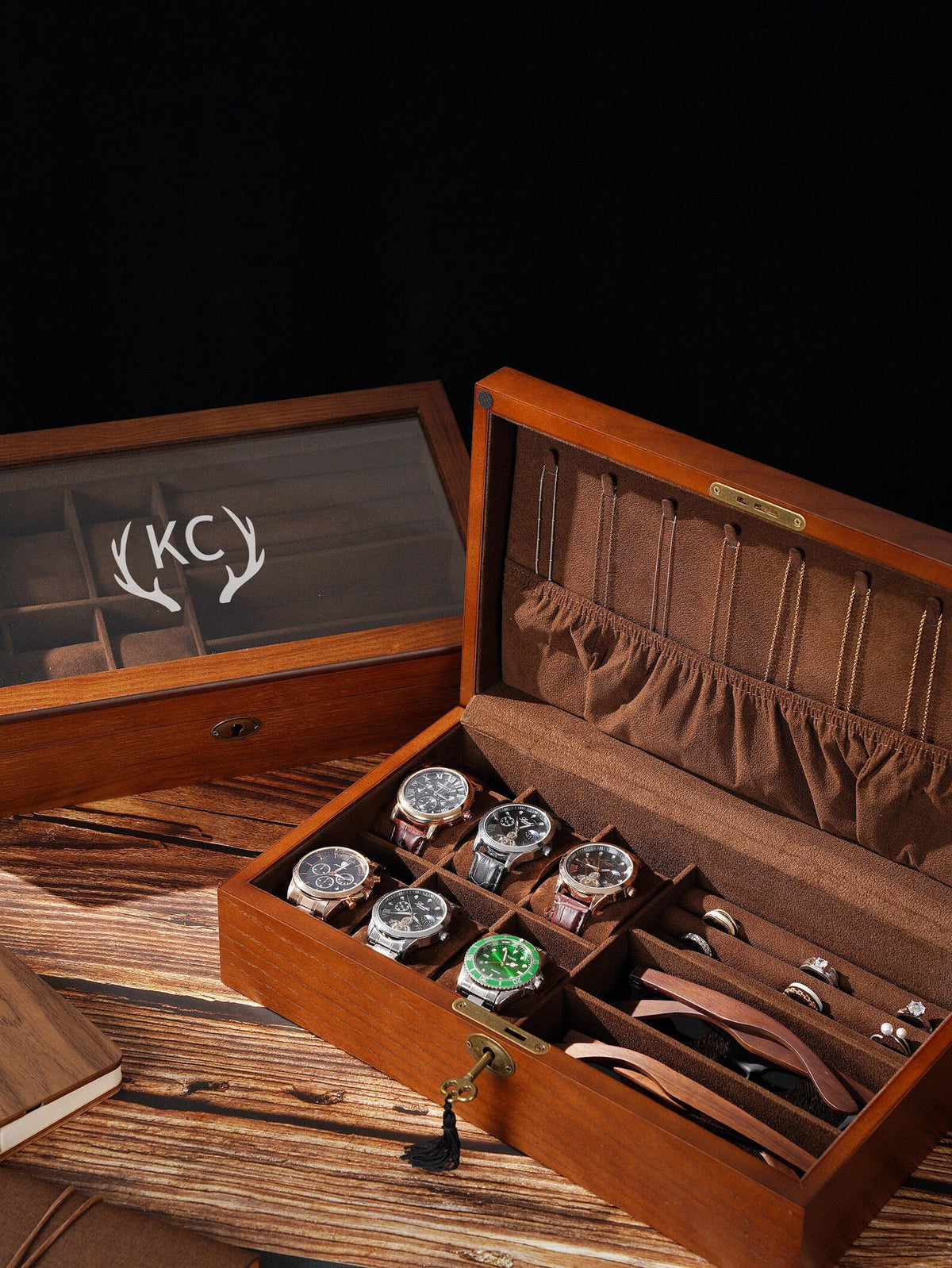 Personalized Wooden Watch Box with Glass Lid – Engraved Monogram Display Case, Luxury Organizer for Watches & Jewelry, Valentine's Day gift
