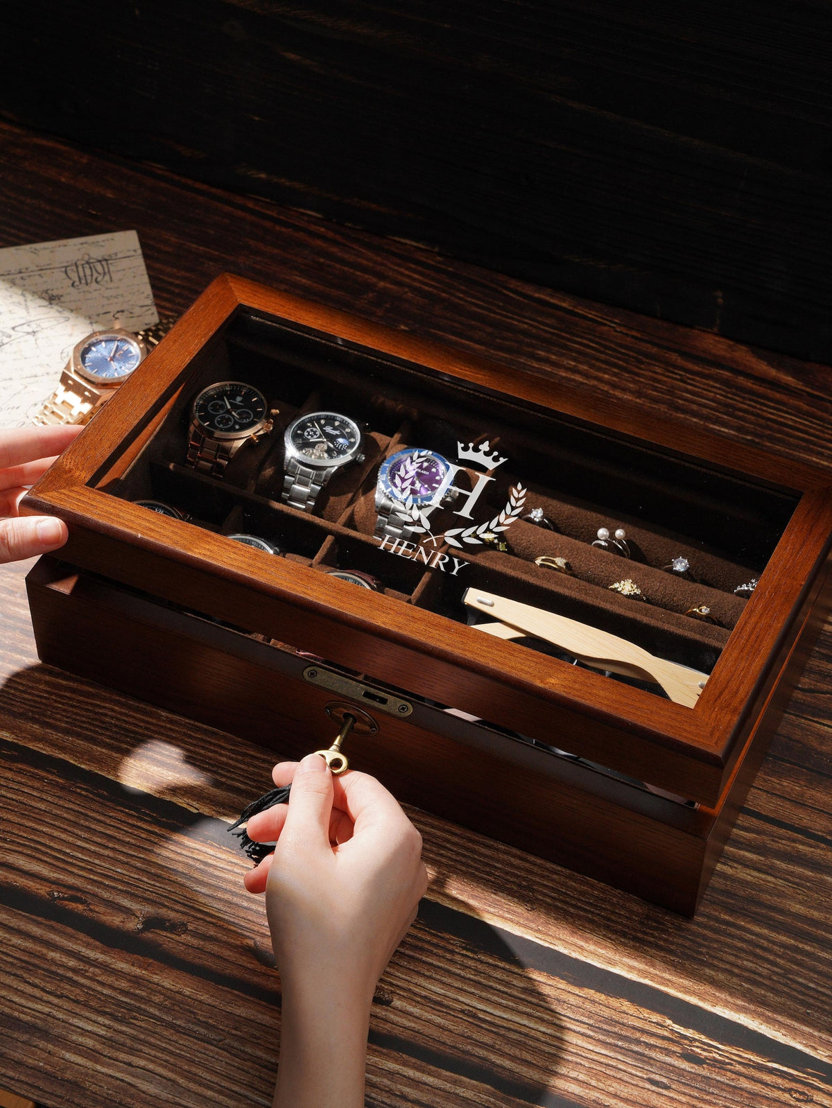 Personalized Wooden Jewelry - Watch Box with Lock, Multi-Layer Organizer for Men & Women, Ring Eyeglasses Storage, Custom Monogram Gift