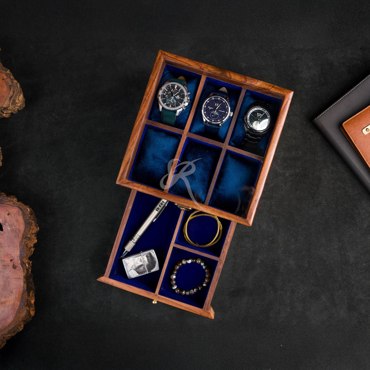 Handmade Vintage Men's Wooden Watch Box with Drawer – Free Personalized Rosewood Watch Case for Men – Custom Watch Holder & Gift for Him