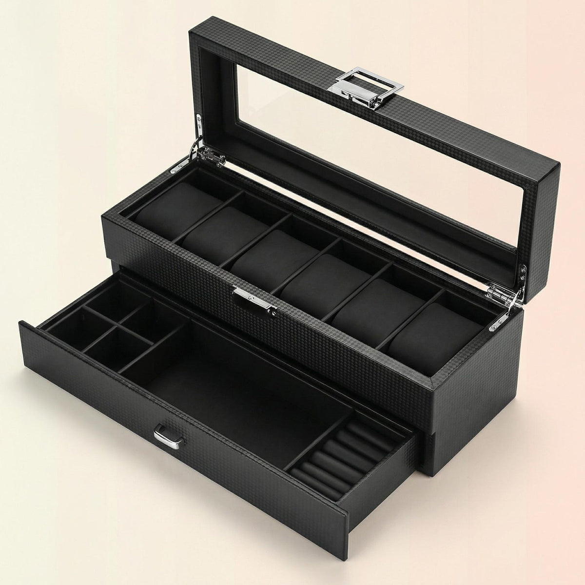 6-Slot Watch Box Organizer, Glass Lid Jewelry Storage Drawer