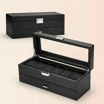 6-Slot Watch Box Organizer, Glass Lid Jewelry Storage Drawer