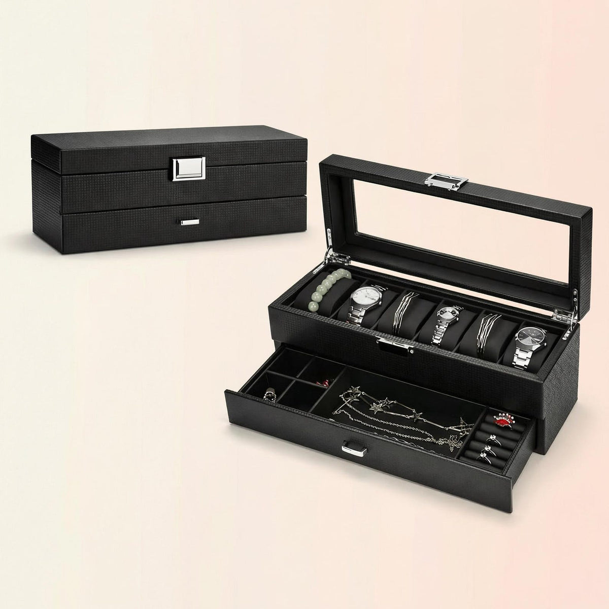 6-Slot Watch Box Organizer, Glass Lid Jewelry Storage Drawer