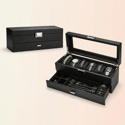 6-Slot Watch Box Organizer, Glass Lid Jewelry Storage Drawer