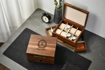 Engraved Wood Watch Box for Men Jewelry and Watch Box with Drawer Mens Valet Organizer 8 Slot Storage Organizer 50th Birthday Gift for Him