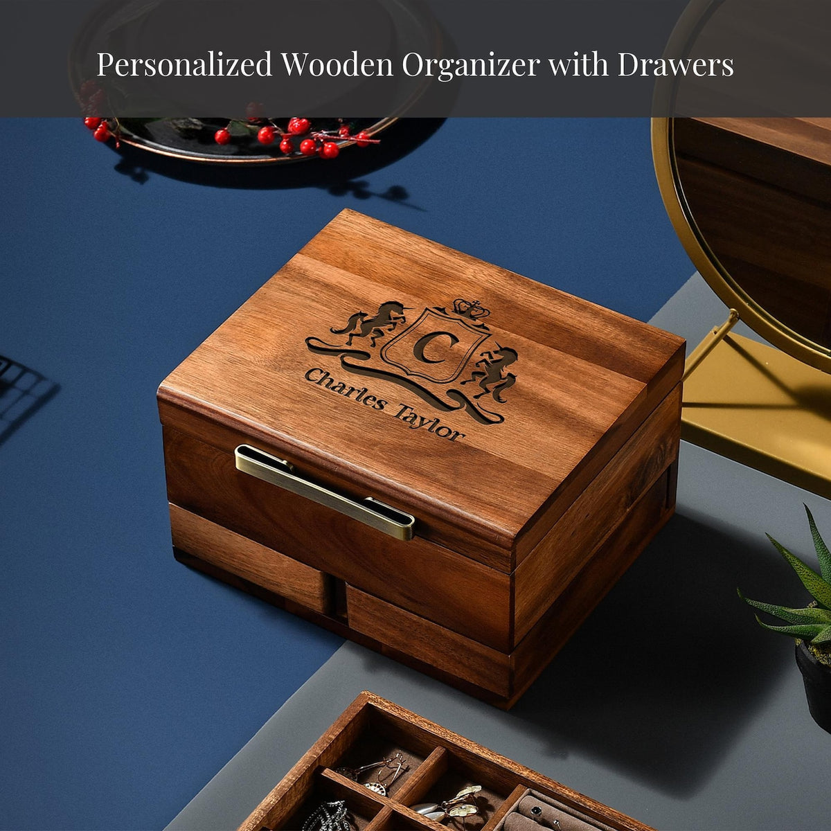 Engraved Wood Watch Box for Men Jewelry and Watch Box with Drawer Mens Valet Organizer 8 Slot Storage Organizer 50th Birthday Gift for Him