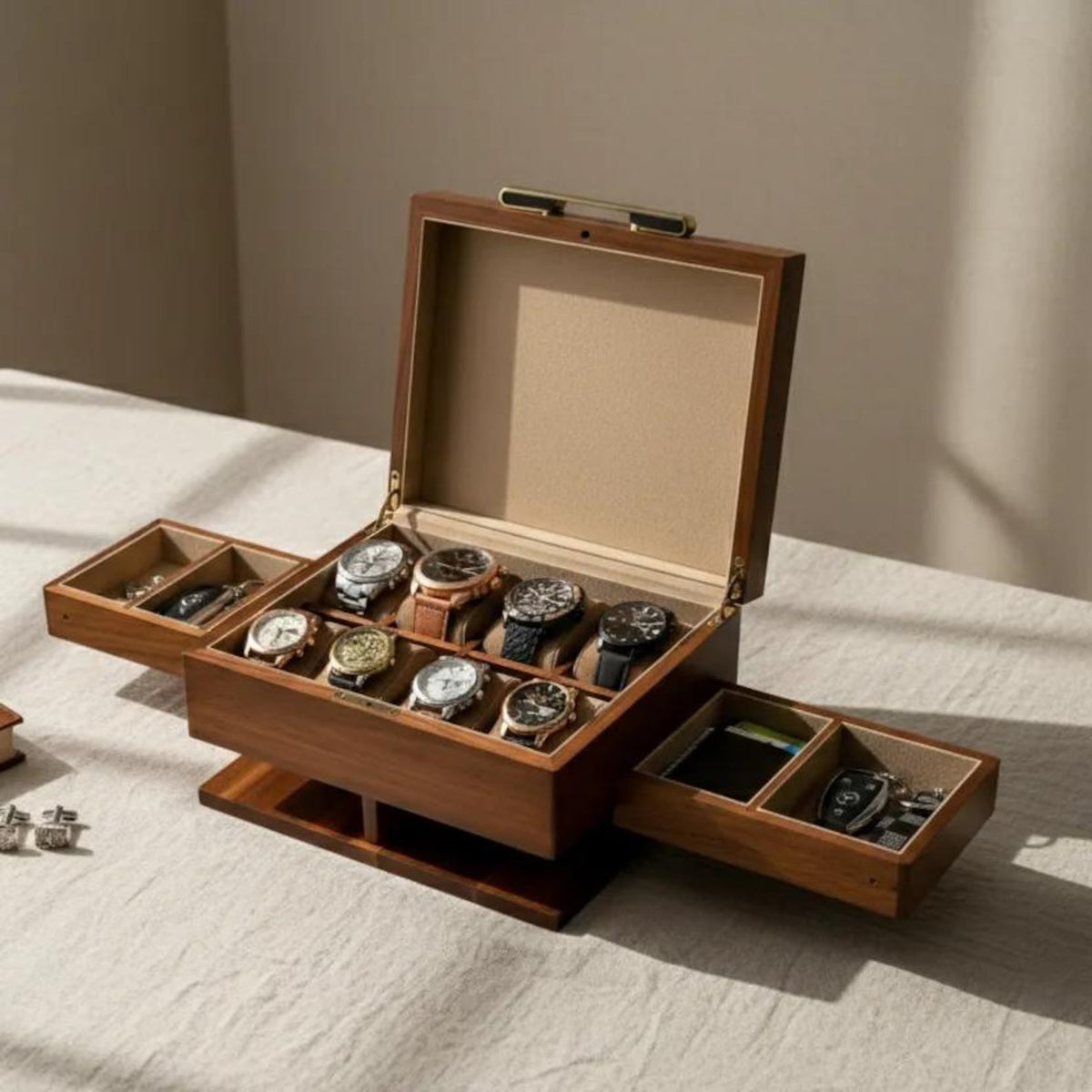 Engraved Wood Watch Box for Men Jewelry and Watch Box with Drawer Mens Valet Organizer 8 Slot Storage Organizer 50th Birthday Gift for Him