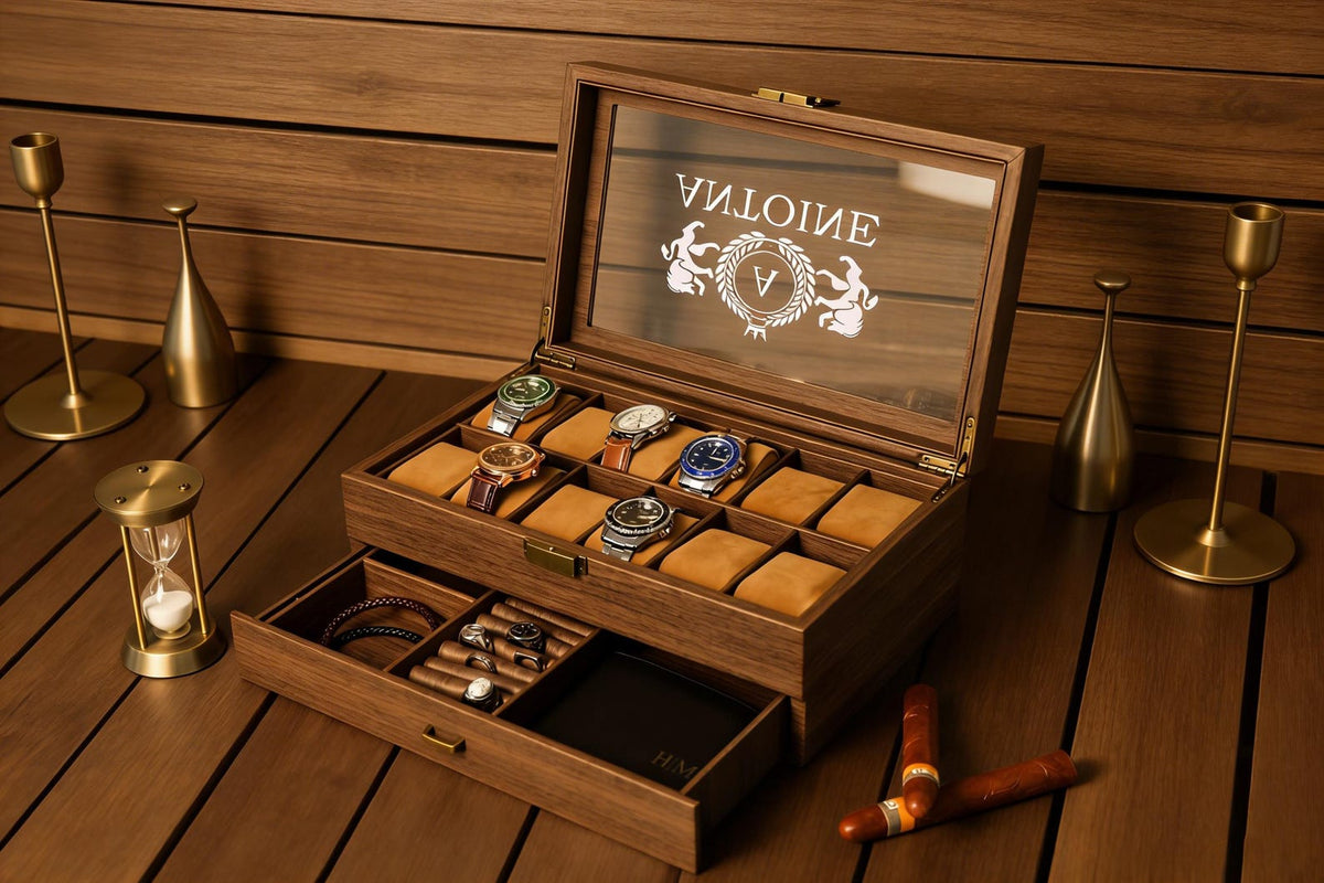Custom Watch Box,6-Slot Leather Watch Box for Men- 2 Layers with Drawer,Anniversary for Him, Gifts for Men、Dad,Gifts for Men Watch