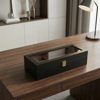 Luxury Wooden Watch Box 6 Slot with Glass Lid Organizer Gift