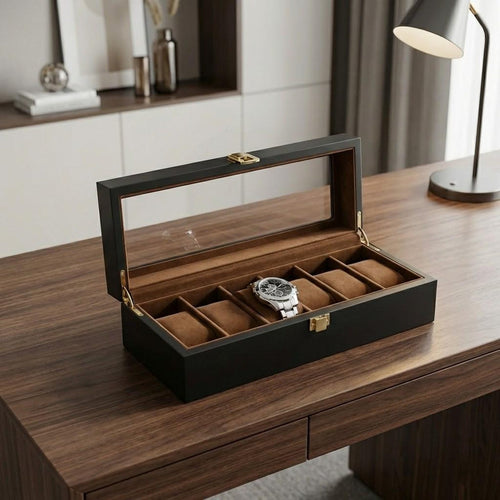 Luxury Wooden Watch Box 6 Slot with Glass Lid Organizer Gift