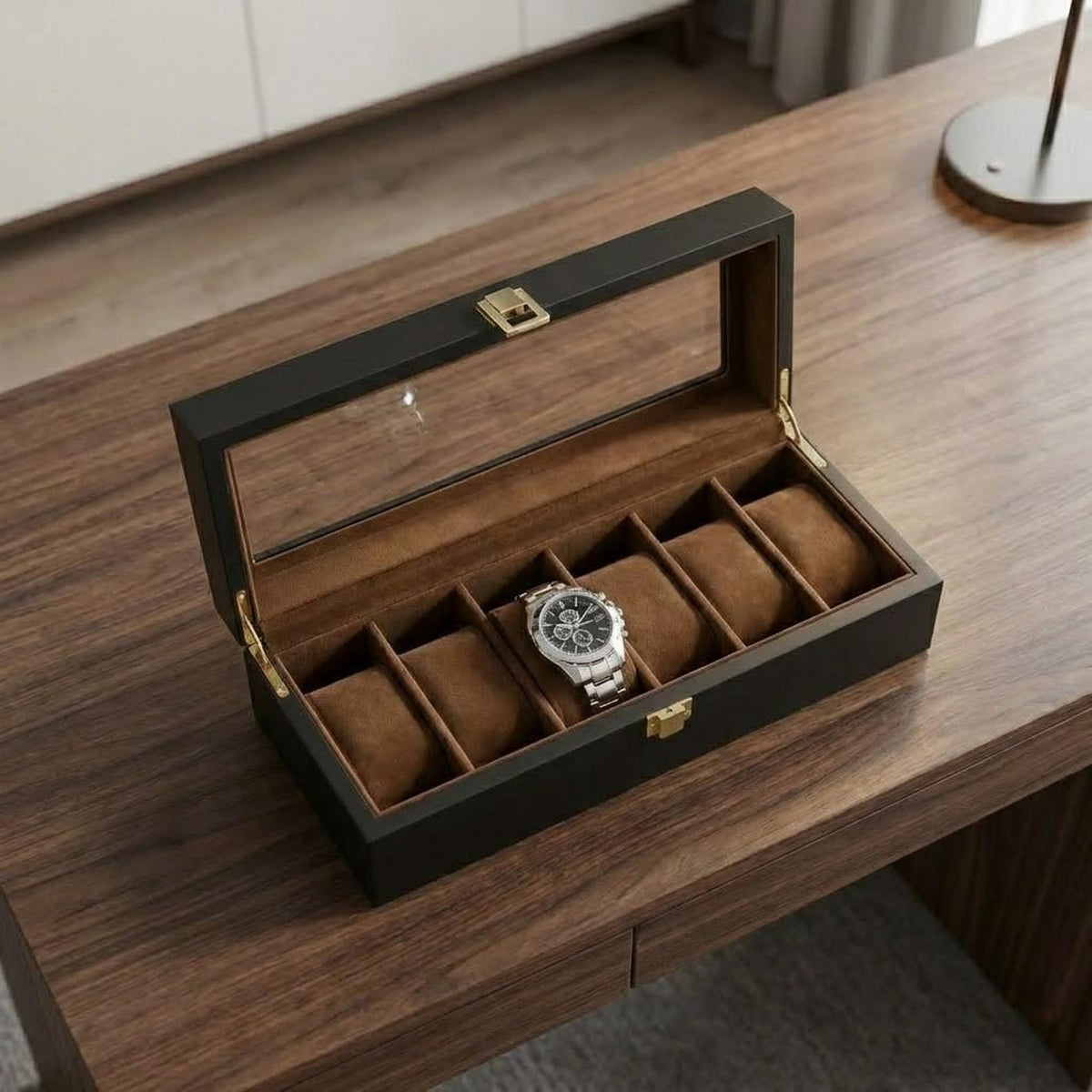 Luxury Wooden Watch Box 6 Slot with Glass Lid Organizer Gift