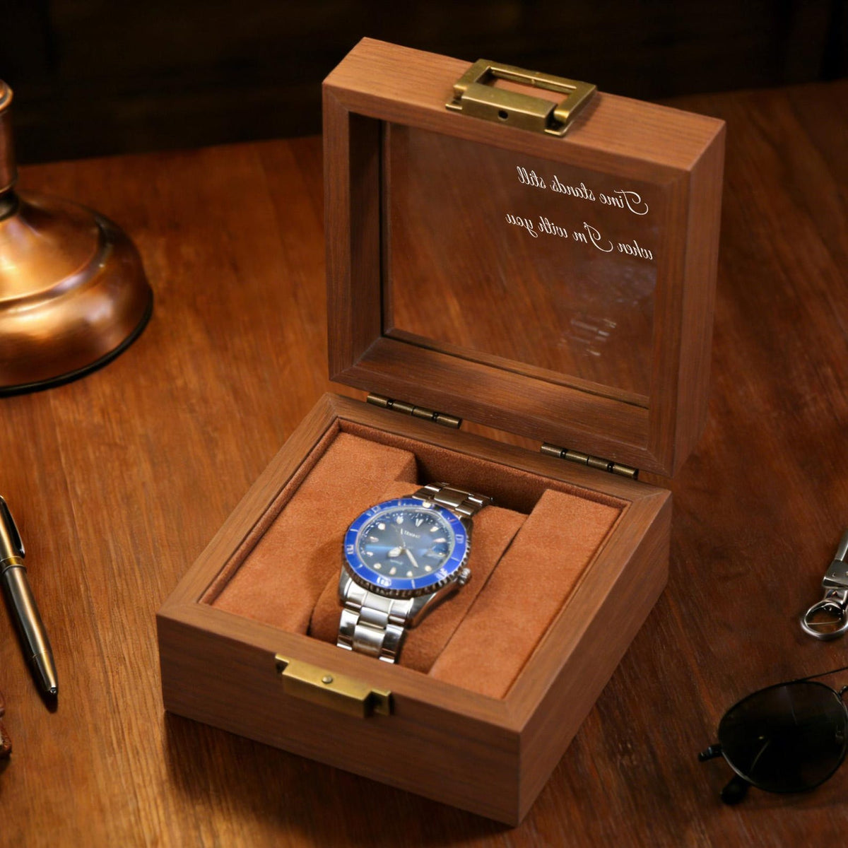 Watch Box w/ Glass Top & Pillow - Custom Wood Box, Wedding Day Gift Father of the Bride Groom Husband from Bride,best man gift,,Mens Gift