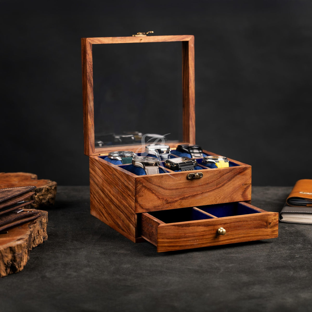 Handmade Vintage Men's Wooden Watch Box with Drawer – Free Personalized Rosewood Watch Case for Men – Custom Watch Holder & Gift for Him
