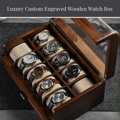 Premium Engraved Collector’s Watch Display Case Christmas Gift for Him Acacia Office Desk Watch Storage Organizer for Workspace