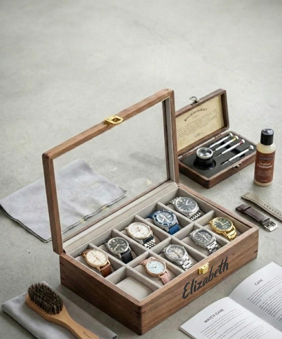 Personalized Walnut Watch Box for Men, Custom Wooden Watch Case with Glass Lid, Engraved 10 Slot Watch Organizer, Anniversary Gift Him