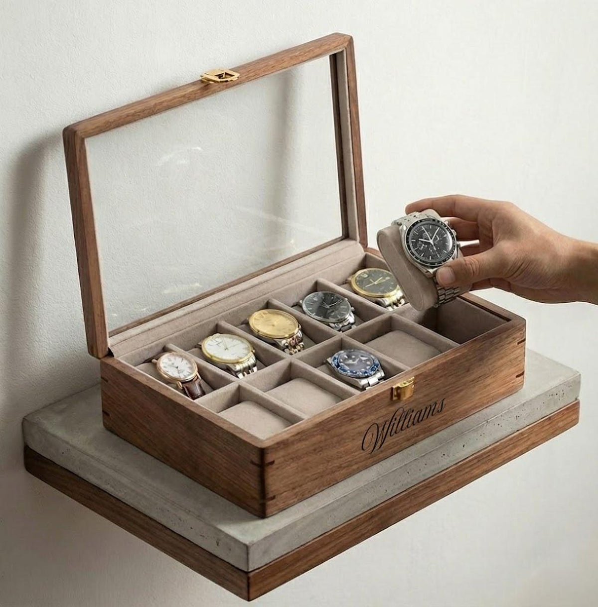 Personalized Walnut Watch Box for Men, Custom Wooden Watch Case with Glass Lid, Engraved 10 Slot Watch Organizer, Anniversary Gift Him