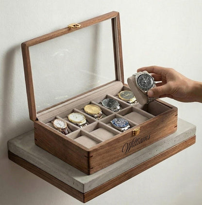 Personalized Walnut Watch Box for Men, Custom Wooden Watch Case with Glass Lid, Engraved 10 Slot Watch Organizer, Anniversary Gift Him