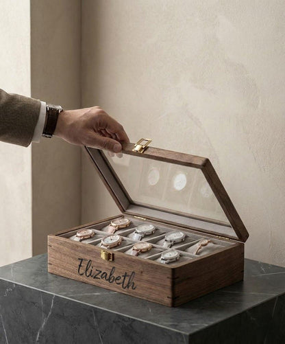 Personalized Walnut Watch Box for Men, Custom Wooden Watch Case with Glass Lid, Engraved 10 Slot Watch Organizer, Anniversary Gift Him