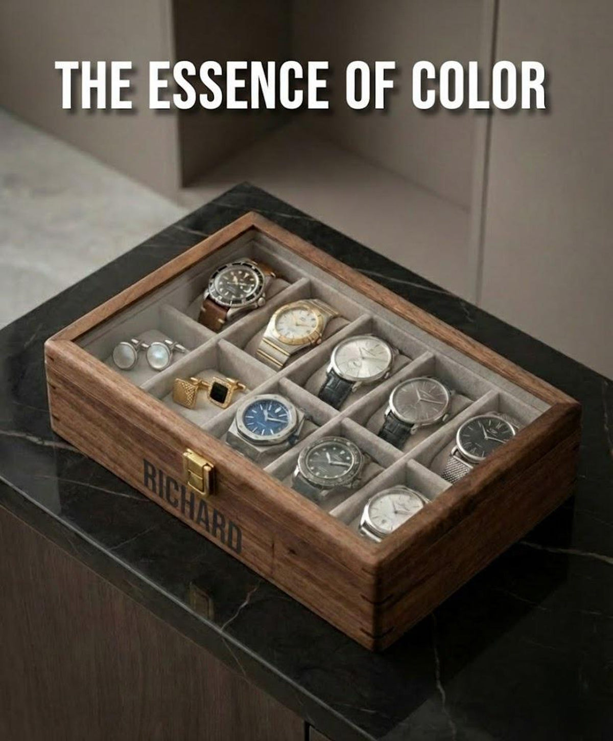 Personalized Walnut Watch Box for Men, Custom Wooden Watch Case with Glass Lid, Engraved 10 Slot Watch Organizer, Anniversary Gift Him