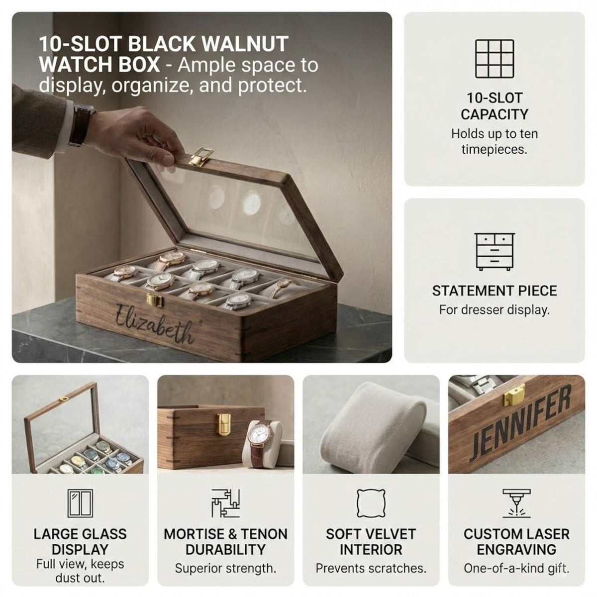 Personalized Walnut Watch Box for Men, Custom Wooden Watch Case with Glass Lid, Engraved 10 Slot Watch Organizer, Anniversary Gift Him