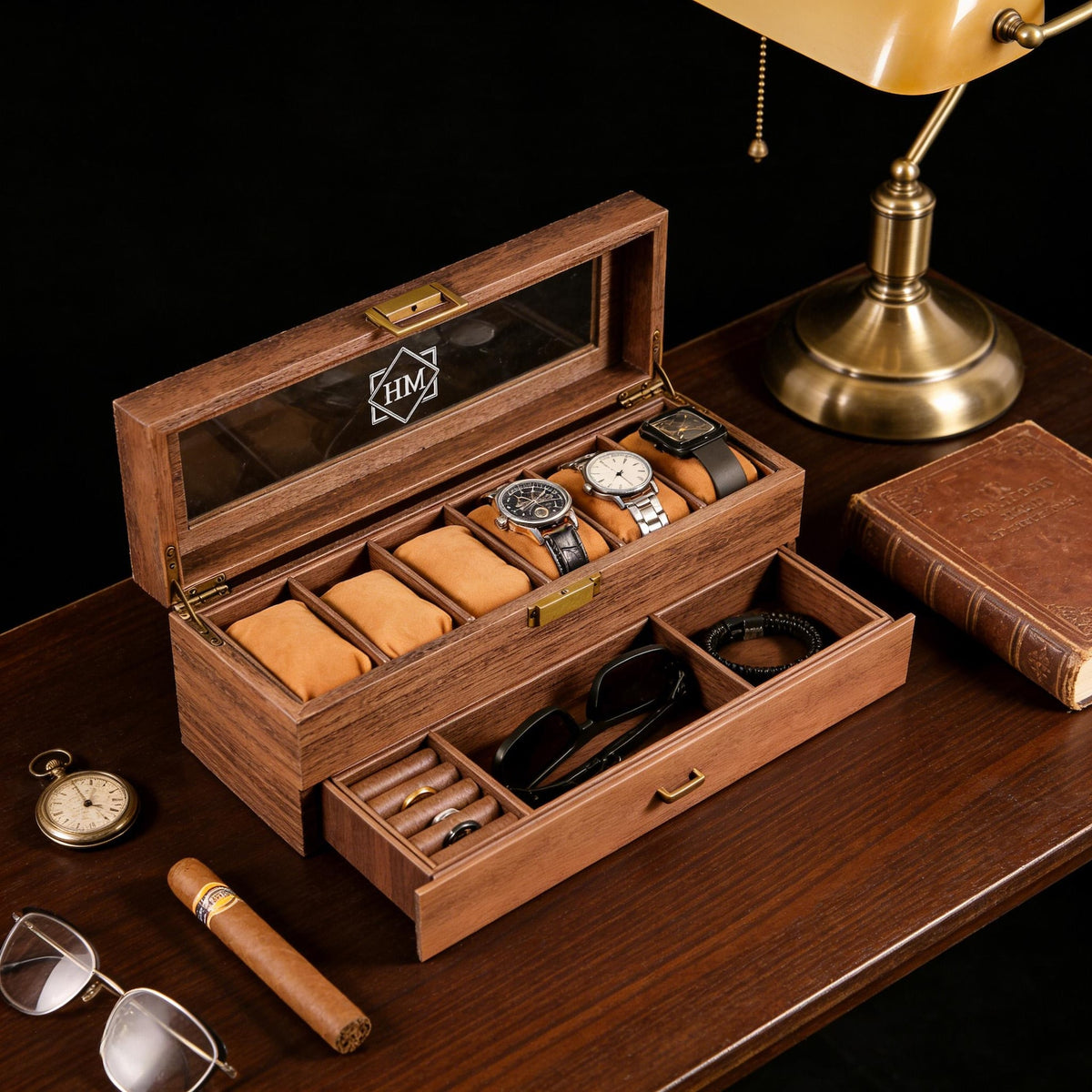 TWO Layers 6 Slot Personalized Men's Watch Box | with Drawer Watch Display Case for 6 Watches |Grain Leather watch box|Anniversary for Him