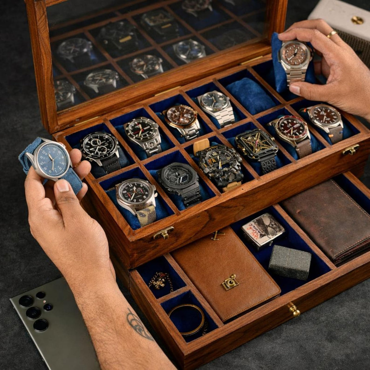 Mens Watch Box, Personalized Rosewood watch box with drawer, Custom Father's Day Gift, Superior Men's Watch Display Case Best Gift for him