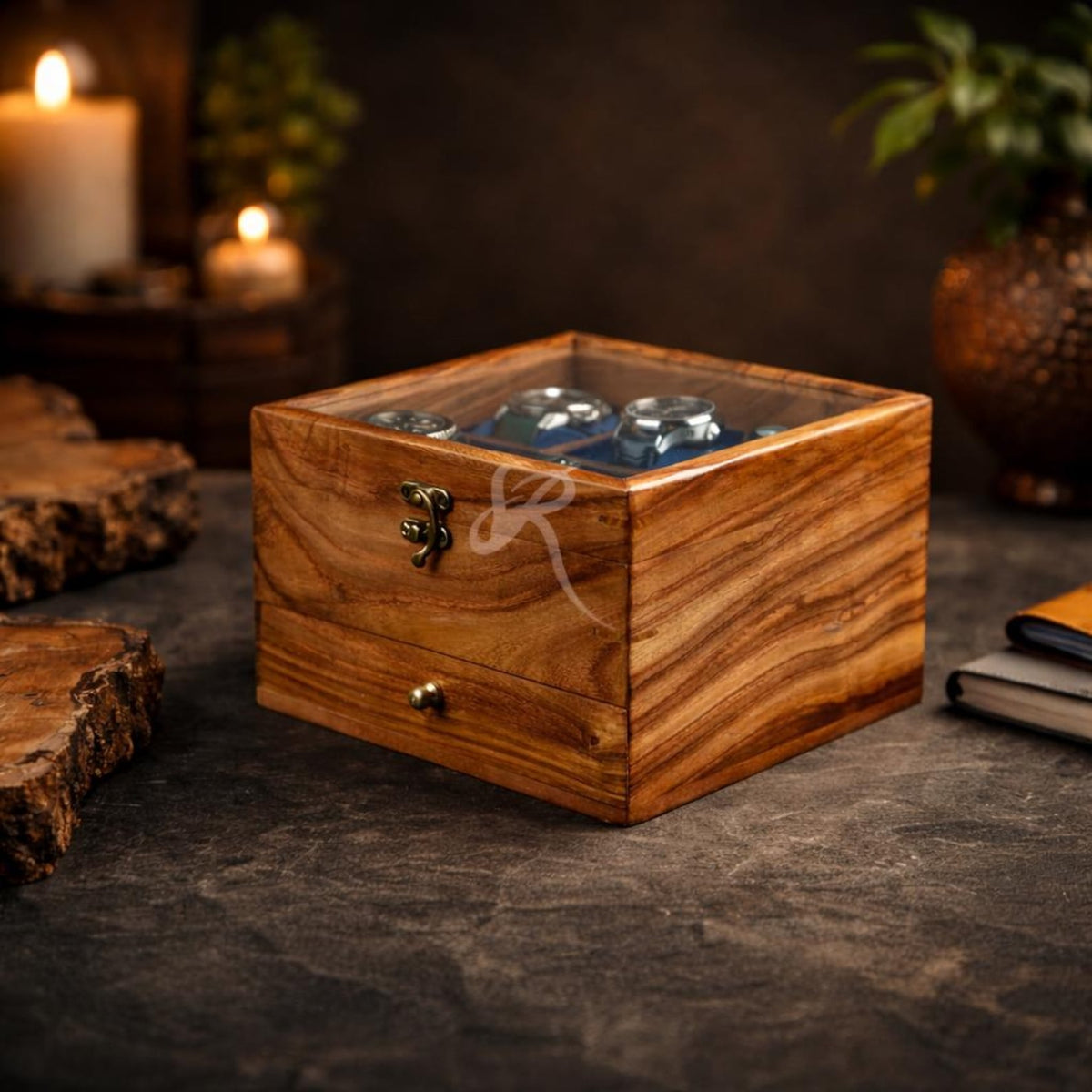 Mens Watch Box, Personalized Rosewood watch box with drawer, Custom Father's Day Gift, Superior Men's Watch Display Case Best Gift for him